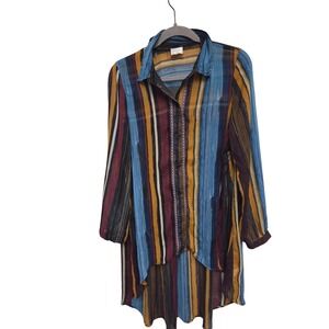 Cupio Striped Tunic Top High Low Hem Long Sleeve Blouse Multicolor Size L